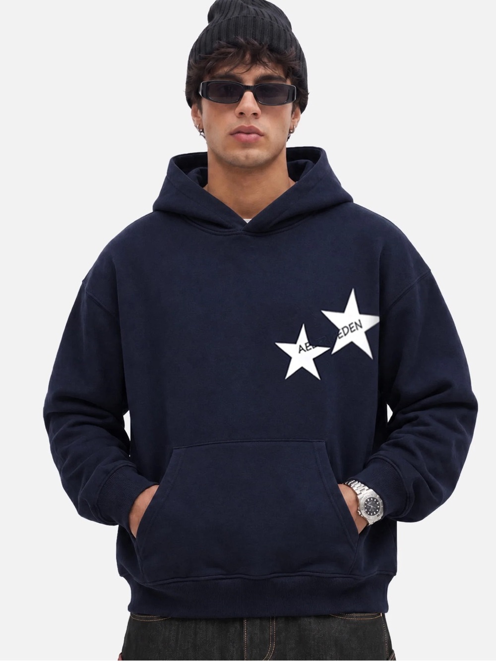 Aelfric Eden Navy Oversized Embroidered Graphic Star Hoodie Womens Mens Size XL